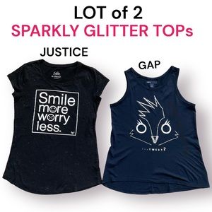 Lot of 2 Gap, Justice T shirt and tank Top Sparkly Black & Dark Blue Size 10